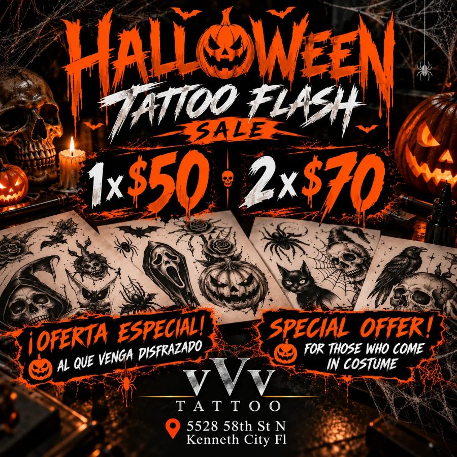 Halloween Tattoo Flash Sale flyer — 1 for $50, 2 for $70, special offer for anyone who comes in costume. VVV Tattoo, 5528 58th St N, Kenneth City